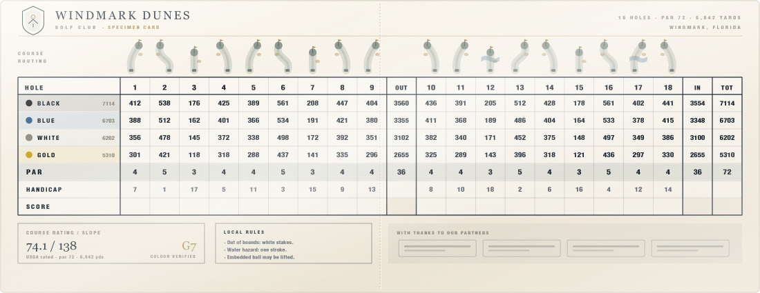 Windmark Dunes specimen golf scorecard