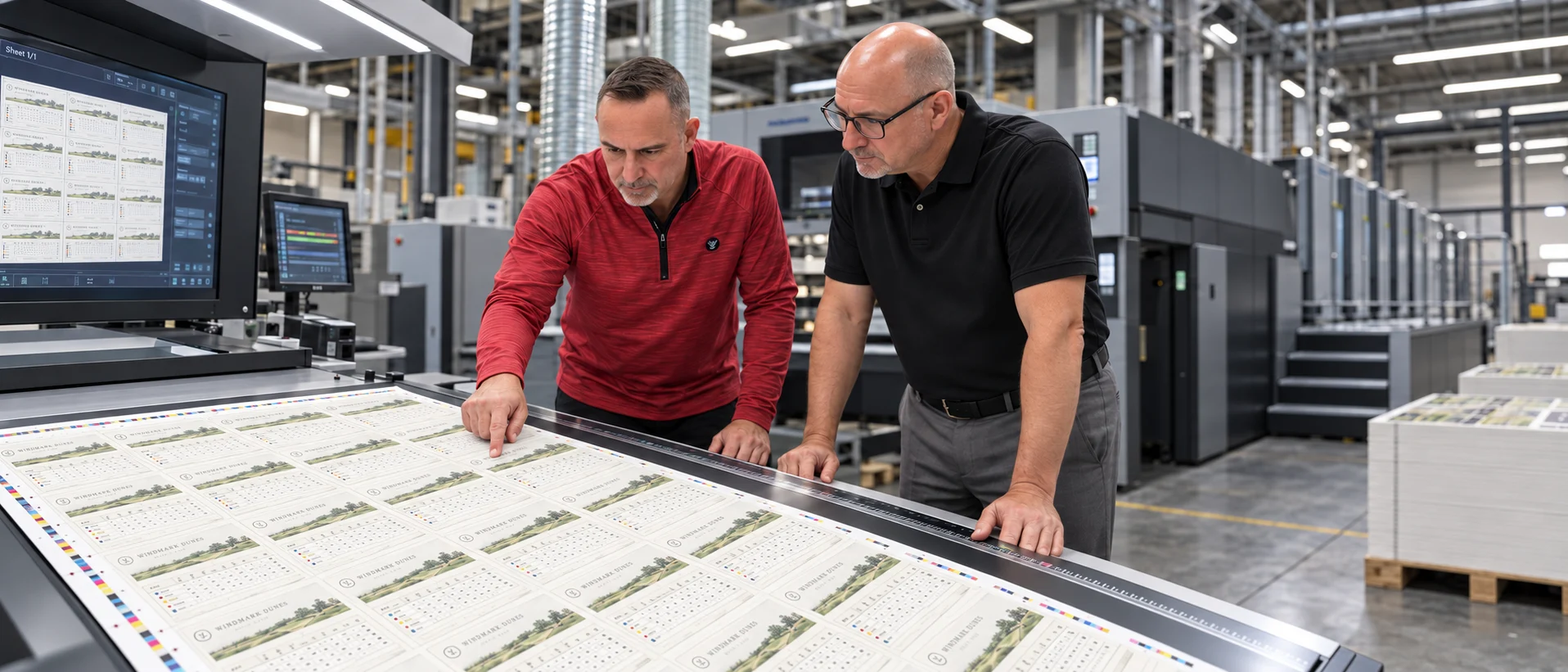 Print production illustration showing a scorecard sheet being checked at the press