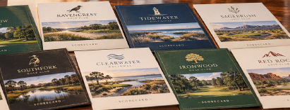 Close-up of sample golf scorecards with varied course designs