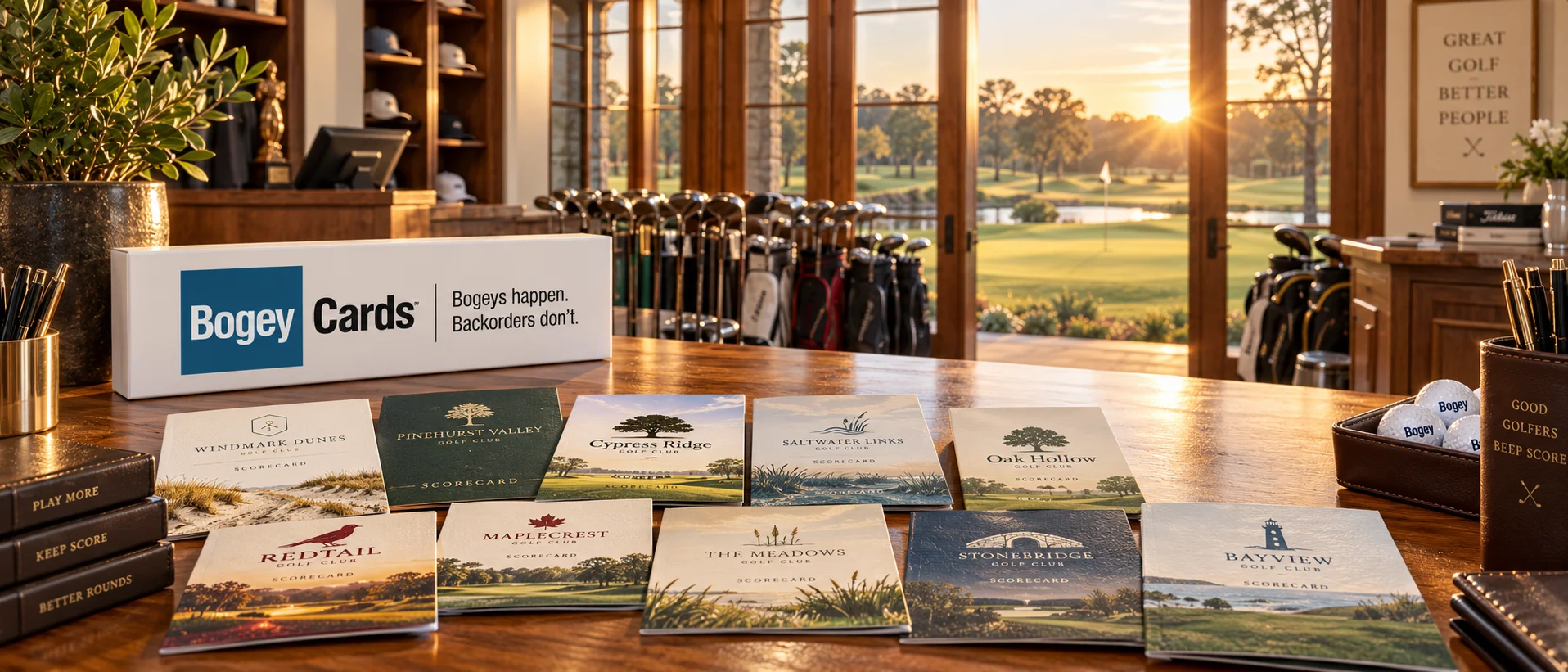 Examples of golf scorecard designs arranged in a pro shop
